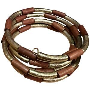 Wood & Gold Painted Multi Strand Spiral Wrap Bracelet Plus Size Boho